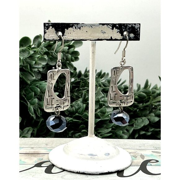 Silver Tone Geometric Drop Earrings With Black Faceted Beads - Picture 5 of 7